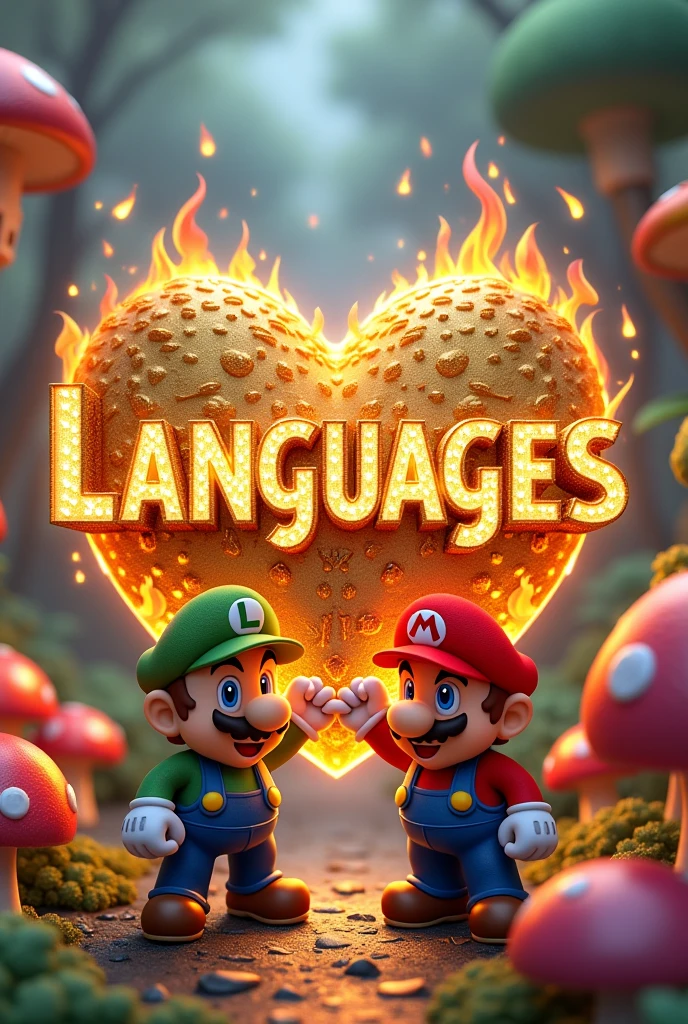 Create a picture of mario bros with the word in the center languages with the letters in gold inlaid with diamonds and fire