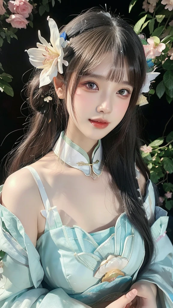 a close up of a woman in a dress with flowers in her hair, a photorealistic painting by Lü Ji, cgsociety, fantasy art, cgsociety 9, jingna zhang, xianxia