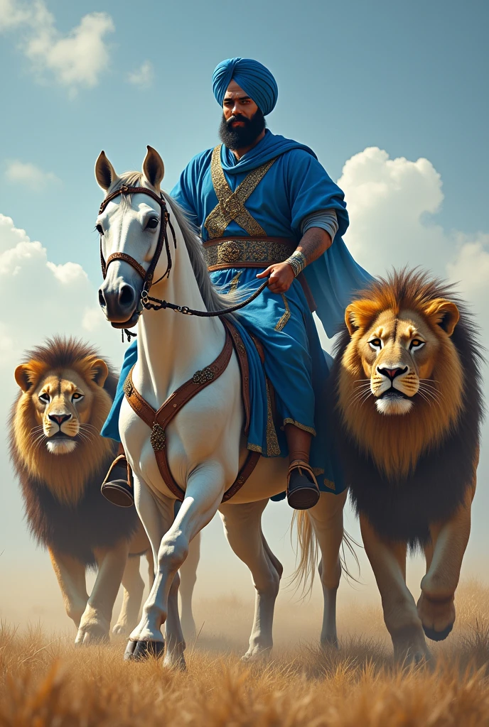 A Nihang singh wearing blue colour clothes and stand on the two white horse and fighting with the three lions.