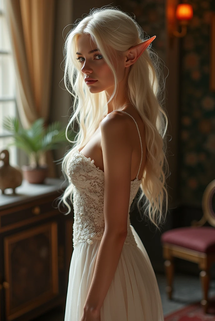 Fantasy world, beautiful elf girl in fantasy sex harem, Step into the world of modern luxury with Aria, a 1 model with a nice slim body with small breast, and platinum blonde hair, skinny long legs, (super long skinny legs) as she graces a bazaar professional photoshoot, beautiful virginal, The setting captures bazaars sophisticated allure with a high-end fashion studio, featuring clean lines, minimalist props, and dramatic lighting that accentuates Aria's elegant presence.