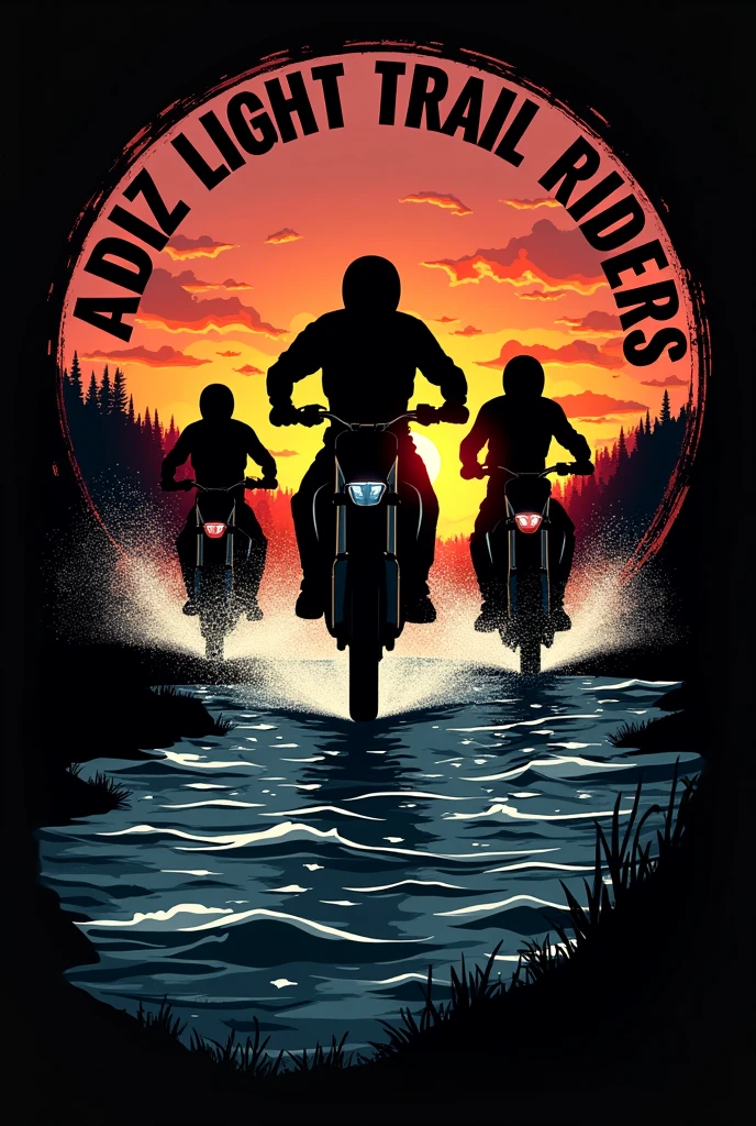Make a silhouette of a dirt bike group (with one big visible rider) doing a river crossing with the water blue and sunset. Put it in a circular frame with it's edges as a dirt bike sprocket. Name it on the outer edges "CADIZ LIGHT TRAIL RIDERS" (Bold aggressive lettering. Same color with he sunset). make the background black