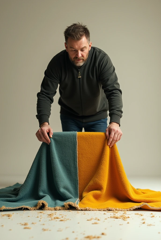 A man is standing and laying a carpet on the ground and half of the carpet is spread and half is in his hand, a small carpet and the man&#39;s face is even smaller than that. 
