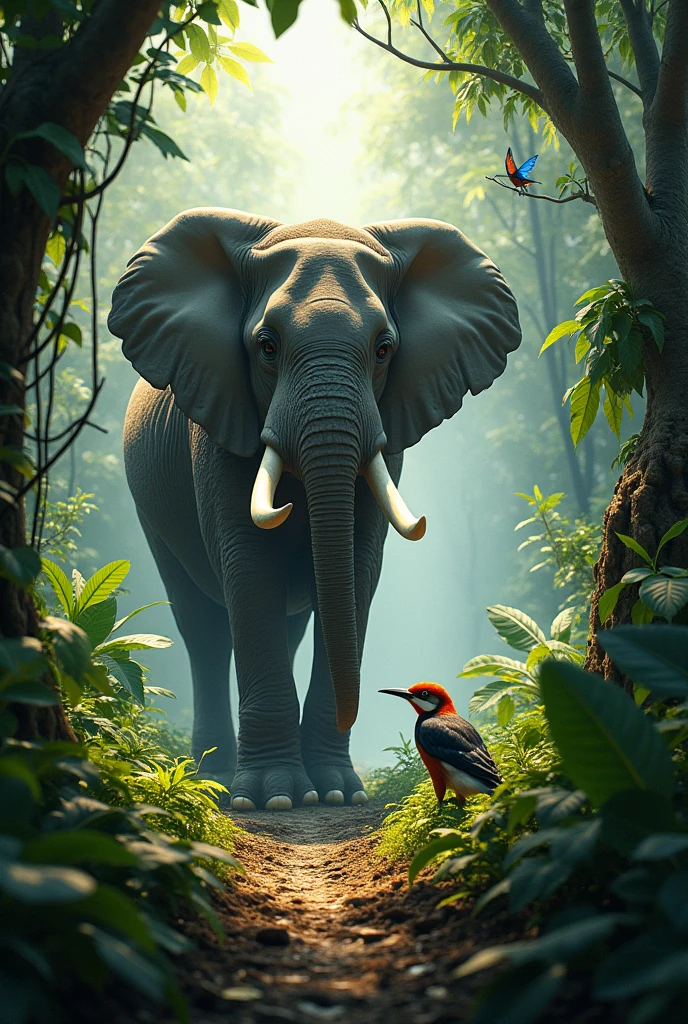 Create image prompt "Show a dense, beautiful jungle. The camera pans through the trees, highlighting the wildlife. Introduce the two main characters: a large, majestic elephant and a small, diligent woodpecker."