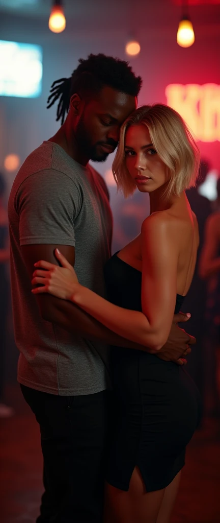 (Photorealsitic:1.4), (​masterpiece:1.3), (top-quality:1.4), ((ultrarealistic)), HD 8k,  (Sharp focus: 1.2）, (Focus on the face:1.2), 
well proportioned full body of 
Claire ((innocent and little 30 years woman) and 
Tyron ((big over muscular ) and dominant black man 30 years ),
Claire with bright expression, extremely beautiful, amazing beautiful, extraordinary beautiful, Detailed cute femenine and beautiful face, beautiful big almond blue eyes, Detailed facial features ,Perfect Style, Beautiful Face, Anatomically correct, Highly detailed face and skin texture, Beautiful Eyes, Natural Cheeks, Glowing Skin, Fair skin: 1.2, (Glossy Lips: 1.4), elegant stylish  bob blonde hair, perky small elegant nose, femenine little mouth with sexy red lips, extremely detailed eyes and face, long eyelashes, elegant lady, graceful sexy pose, Glowing white shiny skin, subtle makeup, extremely pale woman, extremely pale skin, extremely  beautyful legs, tonned legs, extremely nice perky ass, slim waist, full breast, 
Tyron is a dangerous man, handsome and extremely masculine, (strong and muscular legs chest and arms), wide shoulders, powerful jaw, detailed medium dreadlocks, (clean face without beard), 
(cozy night dance club ), 
alternative vibe,vibrant lighting, high contrast,dramatic shadows,highly detailed,detailed skin,depth of field,dynamic angle, 
Claire is wearing a ((knee length) conservative black elegant dress) to go to a dance club matching detailed hig heels, 
Tyron is wearing a gray lycra tight t-shirt showing his muscles,
(Claire  is dancing, Tyron behind her holding her waist and people around, Claire looking at viewer and Tyron looking her hips: 1.2),
full body view, desire look, (complete full body view: 1.0) 