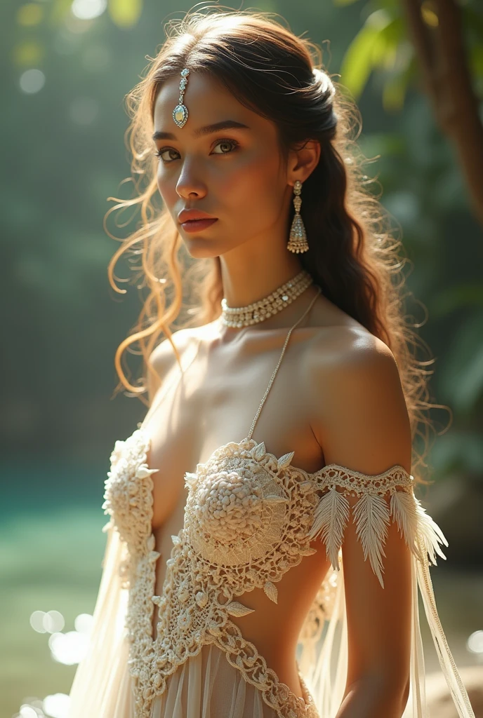 goddess, wearing dress made from coconut fiber, wearing sparkling dress, white sparkling stone in forehead