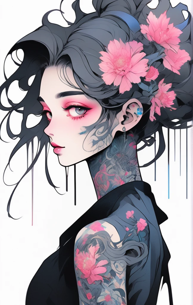 A stunning anime girl with an intricate floral tattoo on her neck, exuding elegance and beauty.,in the style of neon realism, dark pink and light black, gothic art nouveau, anime-inspired character designs, dark white and indigo, bold yet graceful, cyberpunk manga, detailed costumes