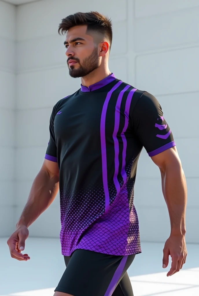 make a floating shirt, of athlete, in black and with purple scale designs printed on the hem. Also add purple stripes that go from the collar to the sleeves.. Make the collar and hems of the shirt and sleeves purple