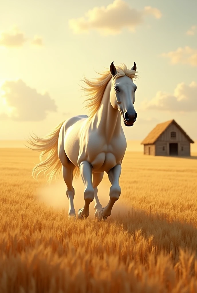 A white hairy horse run on a golden wheat field a hut middle of the field 
