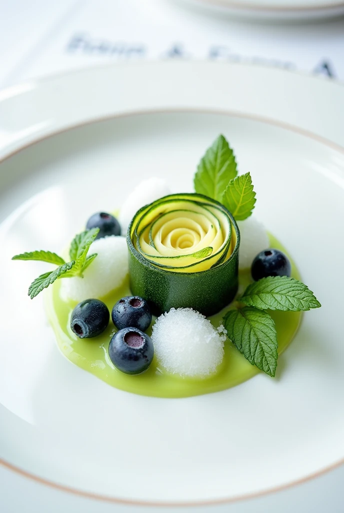 Prohibited: Zucchini and hake rose, accompanied by coconut spherifications, blueberry air, and mint sauce.