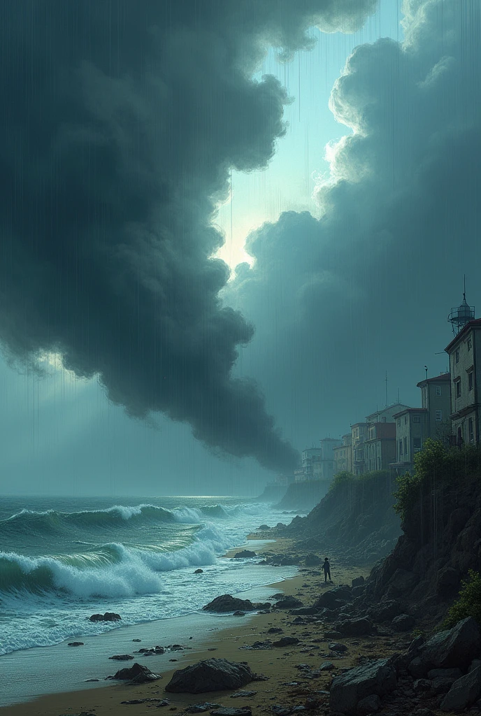 The storm unleashes its fury on the coastal town .Wind and rain fall hard.  