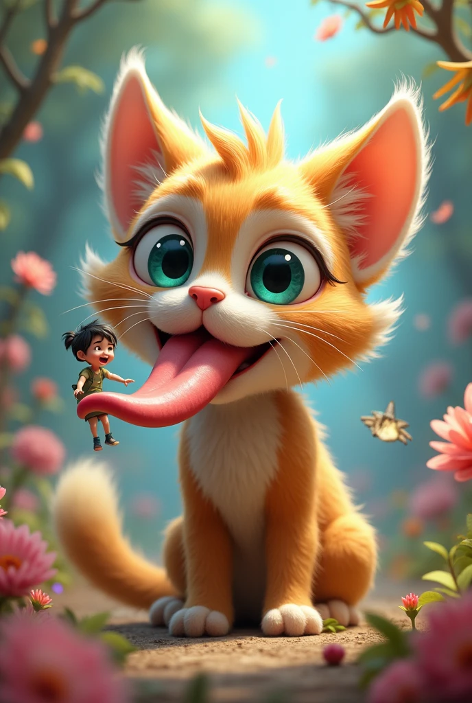 A furry ager cat with a kid sitting on his tongue