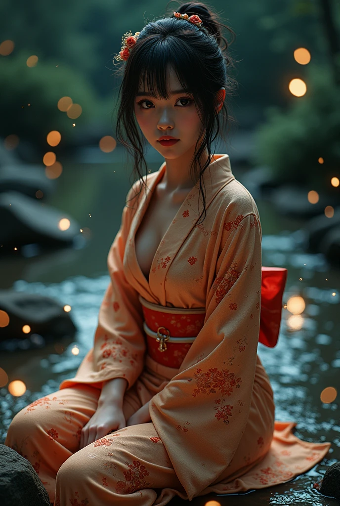(masterpiece,best quality:1.4),(8k,raw photo,photo realistic:1.2),shiny skin,detailed skin,detailed face,detailed eyes,Detailed hands,Detailed Background、1girl,Japanese idol,(beautiful face),(Shining Eyes:1.1),、、Symmetrical eyes、、Great background、Great location、((Japanese Yukata))、(Detailed and very cute,)、Mysterious夜,Fireflies flying around in the stream,The light emitted by fireflies,Full body portrait,,Mysterious,Seductive woman sitting,nswf,sexy Instagram style