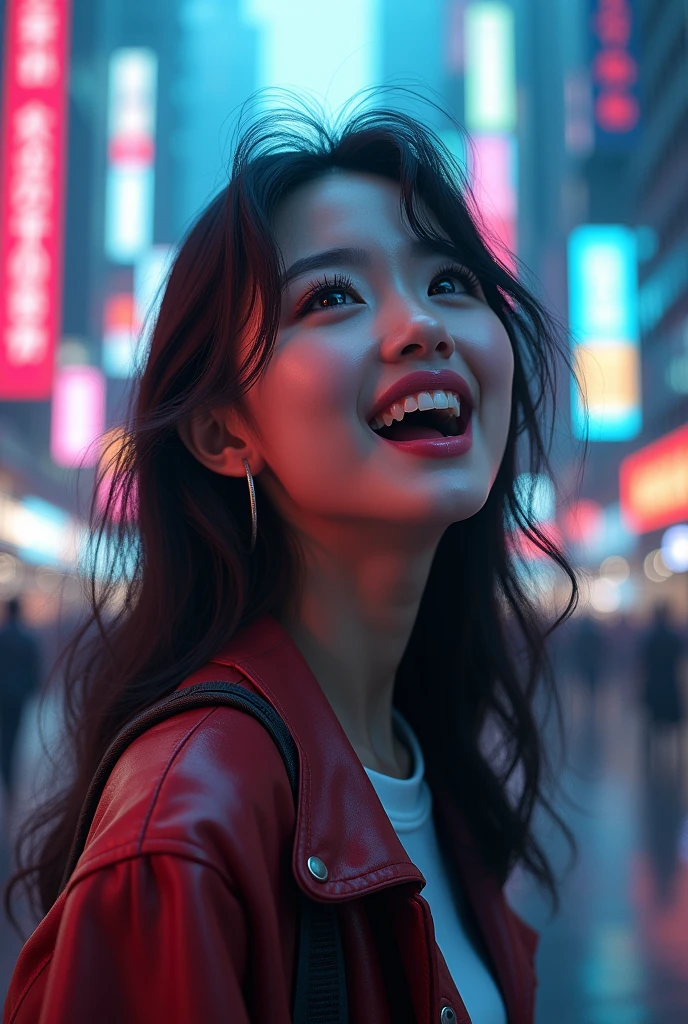 Photo Realistic a happy korean girl age 21 (full body), surprised expression, beautiful detailed eyes, beautiful detailed lips, extremely detailed face, large expressive eyes, long eyelashes, in middle of the city futuristic city, vibrant colors, intricate details, octane render, 8k, highly detailed, photorealistic, dramatic lighting, volumetric fog (1:1)