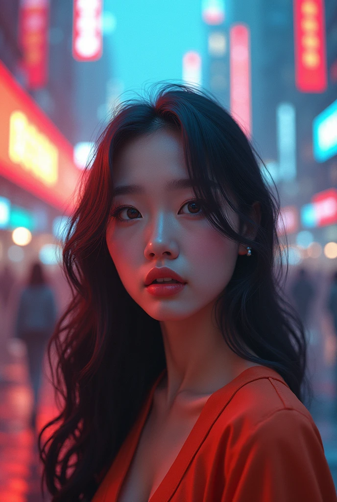 Photo Realistic a happy korean girl age 21 (full body), surprised expression, beautiful detailed eyes, beautiful detailed lips, extremely detailed face, large expressive eyes, long eyelashes, in middle of the city futuristic city, vibrant colors, intricate details, octane render, 8k, highly detailed, photorealistic, dramatic lighting, volumetric fog (1:1)