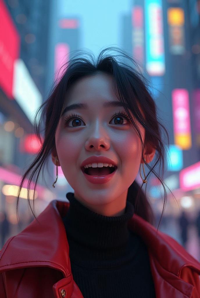 Photo Realistic a happy korean girl age 21 (full body), surprised expression, beautiful detailed eyes, beautiful detailed lips, extremely detailed face, large expressive eyes, long eyelashes, in middle of the city futuristic city, vibrant colors, intricate details, octane render, 8k, highly detailed, photorealistic, dramatic lighting, volumetric fog (1:1)