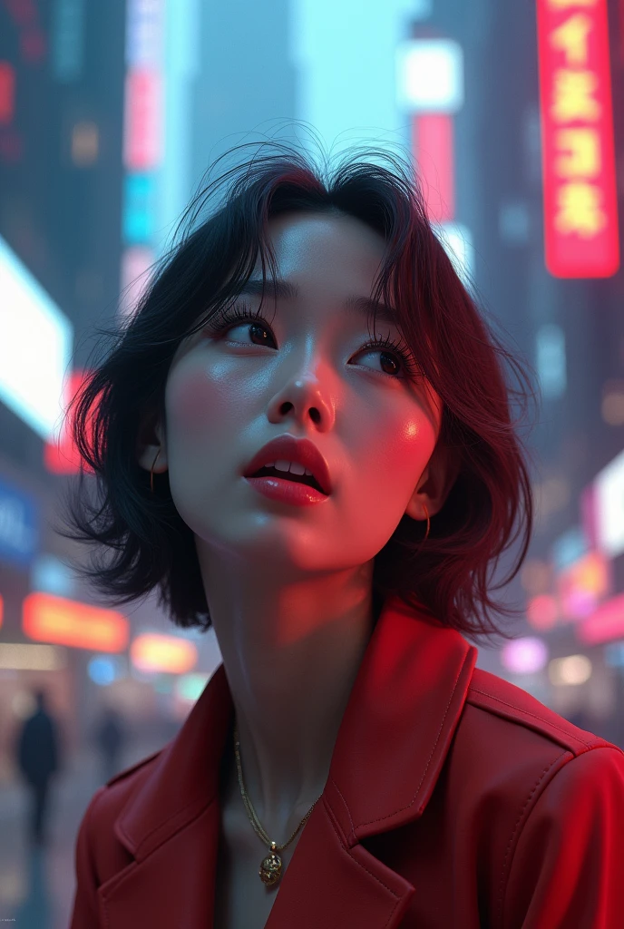 Photo Realistic a happy korean girl age 21 (full body), surprised expression, beautiful detailed eyes, beautiful detailed lips, extremely detailed face, large expressive eyes, long eyelashes, in middle of the city futuristic city, vibrant colors, intricate details, octane render, 8k, highly detailed, photorealistic, dramatic lighting, volumetric fog (1:1)