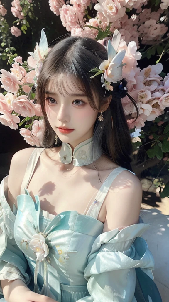 a close up of a woman in a dress with flowers in her hair, a photorealistic painting by Lü Ji, cgsociety, fantasy art, cgsociety 9, jingna zhang, xianxia