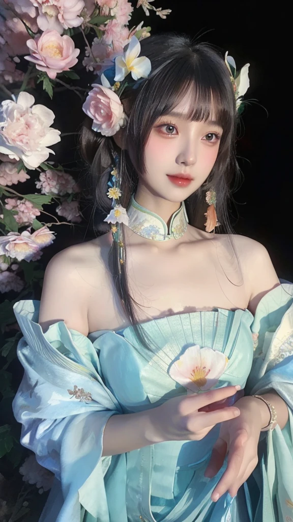 a close up of a woman in a dress with flowers in her hair, a photorealistic painting by Lü Ji, cgsociety, fantasy art, cgsociety 9, jingna zhang, xianxia