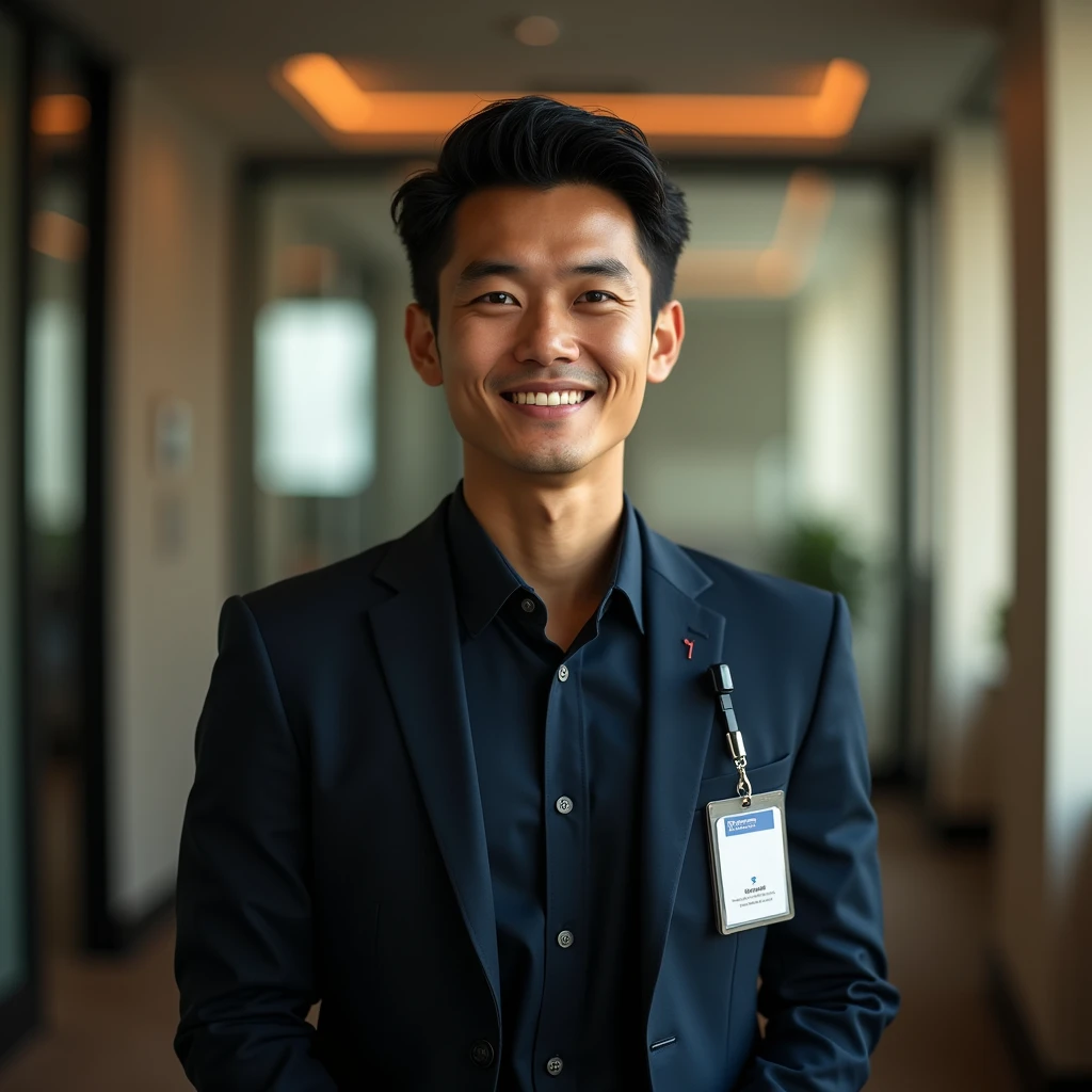 (Masterpiece),(complication:1.3),(Realistic),Portrait of a man,1,Has a Thai face, fine, handsome and cool.,black hair,Brown eyes,smiling,be happy,(Wear a dark blue suit),Wear black slacks.,Office staff ID card holder,Look ahead,(In the office),warm light,Showing some sunlight,Professional photographer taking detailed photos of men,Have clarity,dramatic,Awarded globally,Cinematic lighting,(film grain,Blurred background,Blurred background,bokeh,depth of field)