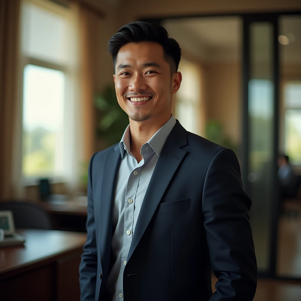 (Masterpiece),(complication:1.3),(Realistic),Portrait of a man,1,Has a Thai face, fine, handsome and cool.,black hair,Brown eyes,smiling,be happy,(Wear a dark blue suit),Wear black slacks.,Office staff ID card holder,Look ahead,(In the office),warm light,Showing some sunlight,Professional photographer taking detailed photos of men,Have clarity,dramatic,Awarded globally,Cinematic lighting,(film grain,Blurred background,Blurred background,bokeh,depth of field)
