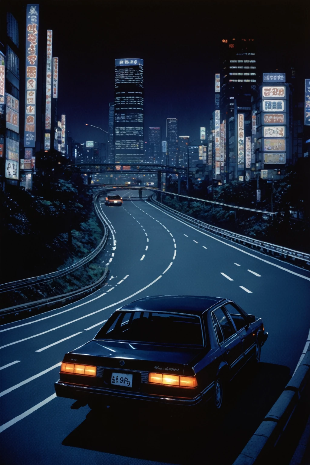 exterior, Sedan driving on an empty highway at night, Shinjuku Megacity Background, 1980's, indigo wcity chiaroscuro atmosphere 
 