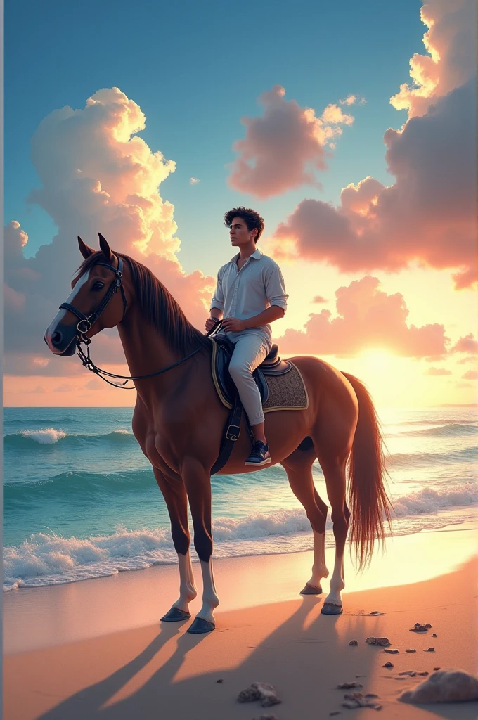 A young man sitting on horse in beautiful beach with vibrant sky