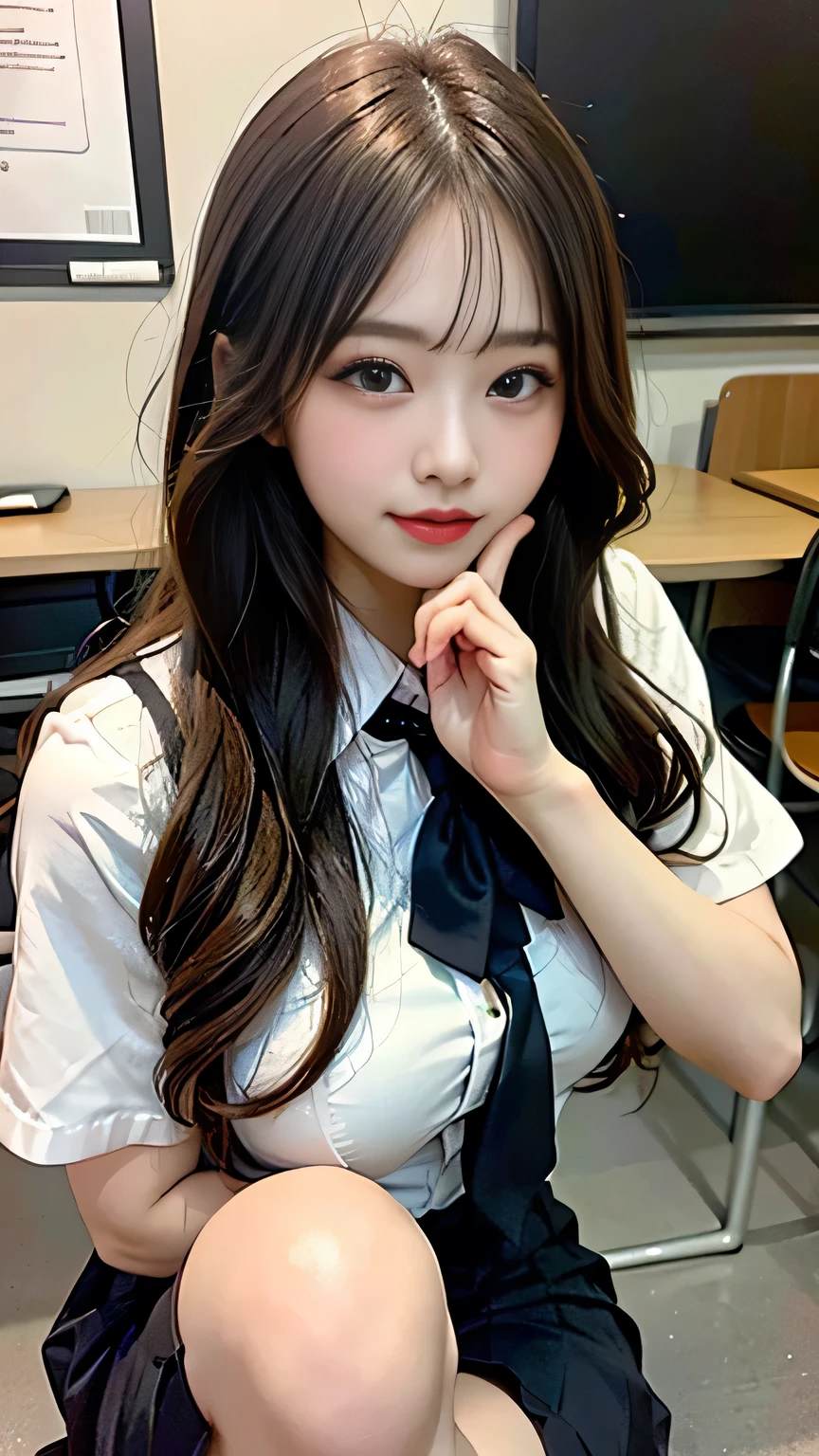 (avert your eyes)、Place your hands on your knees、double eyelid、Perfect Fingers、Perfect Proportions、huge 、Eyelashes、Place your heels on the ground、Beautiful and fine details、Ultra-detailed、High resolution、Transcendental beauty、Highest quality、masterpiece、((Japanese high school girls uniform))、Extremely detailed representation、School classroom、Highly detailed appearance、One girl、Positive、(((Dynamic Pose)))、((Sit with your knees bent))、Sexy upward glance、Low angle、