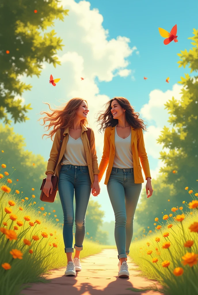 A beautiful day ,blue sky, yellow flowers , two beutiful girls happly going to office, birds and Butter fly ,