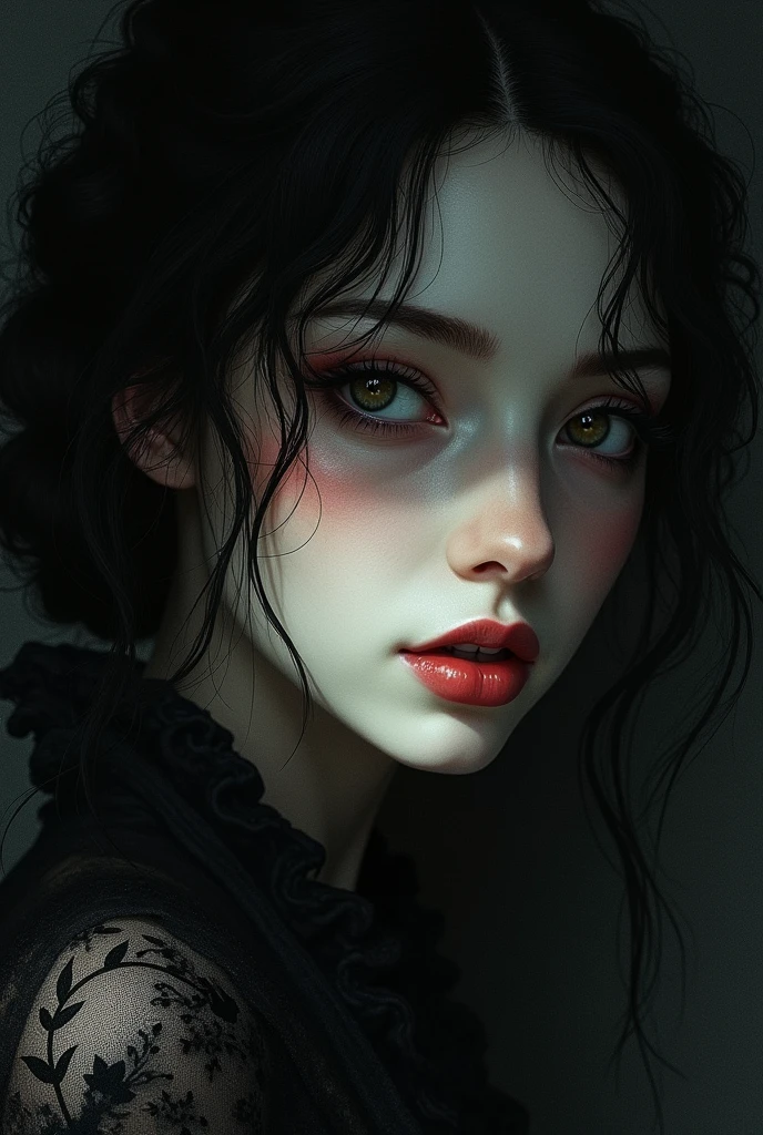 in style of Harry Clarke, japanese woman, drawing by Conrad Roset close up,(darkness:1.2),(very detailed shadows:1.2),absolute shadows,absolute darkness,