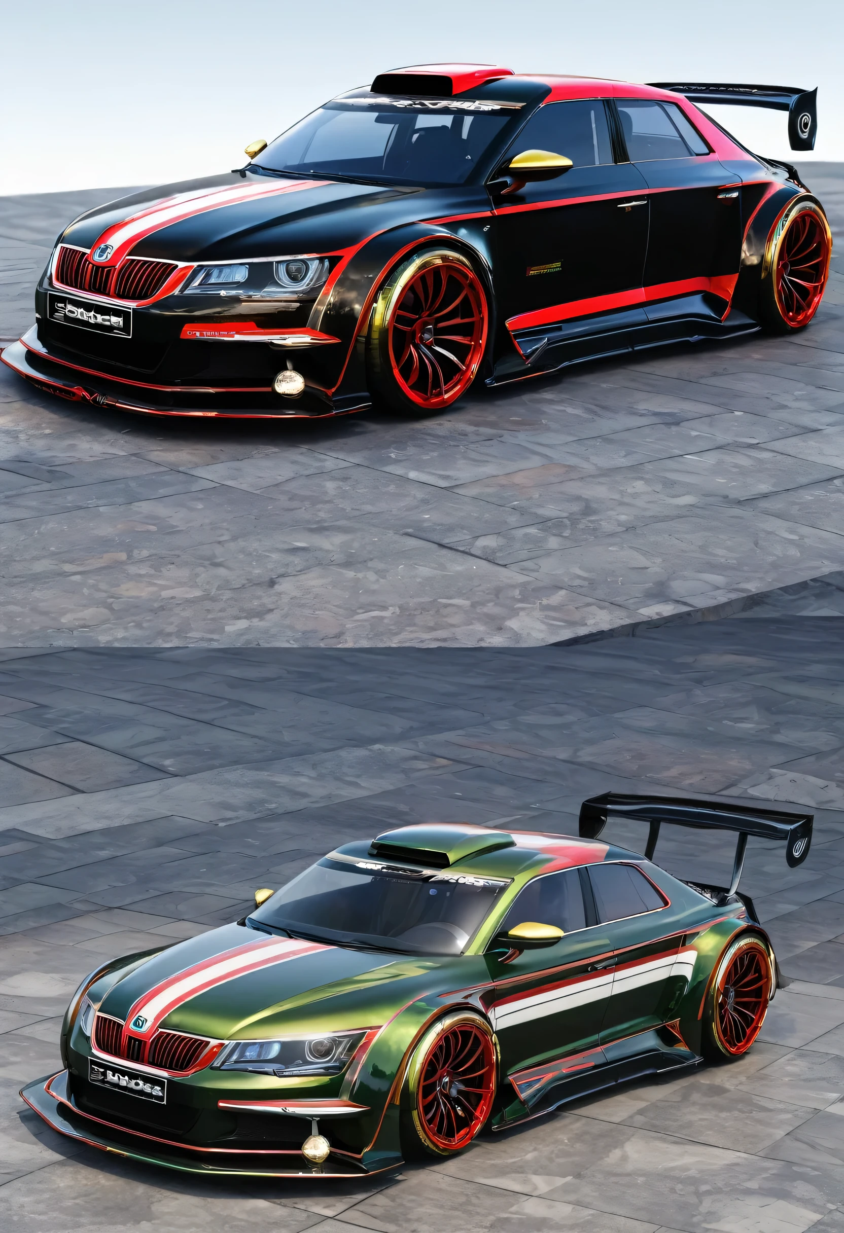 Hyperrealism Frontside Škoda Tudor 2004 concept racing car with extreme big tuning big offroad wheels concept sport special with stripe in black color on car in tuning dyzajn super car line supersport concept in light crystalic velvet red and extreme super magic space light Polar white and night briliant black light chameleon colors, 24K gold shiny rims, detail realistic picture in HD nice beautifull colors. Standing on Šatovská pavement in a black marble showroom. All car