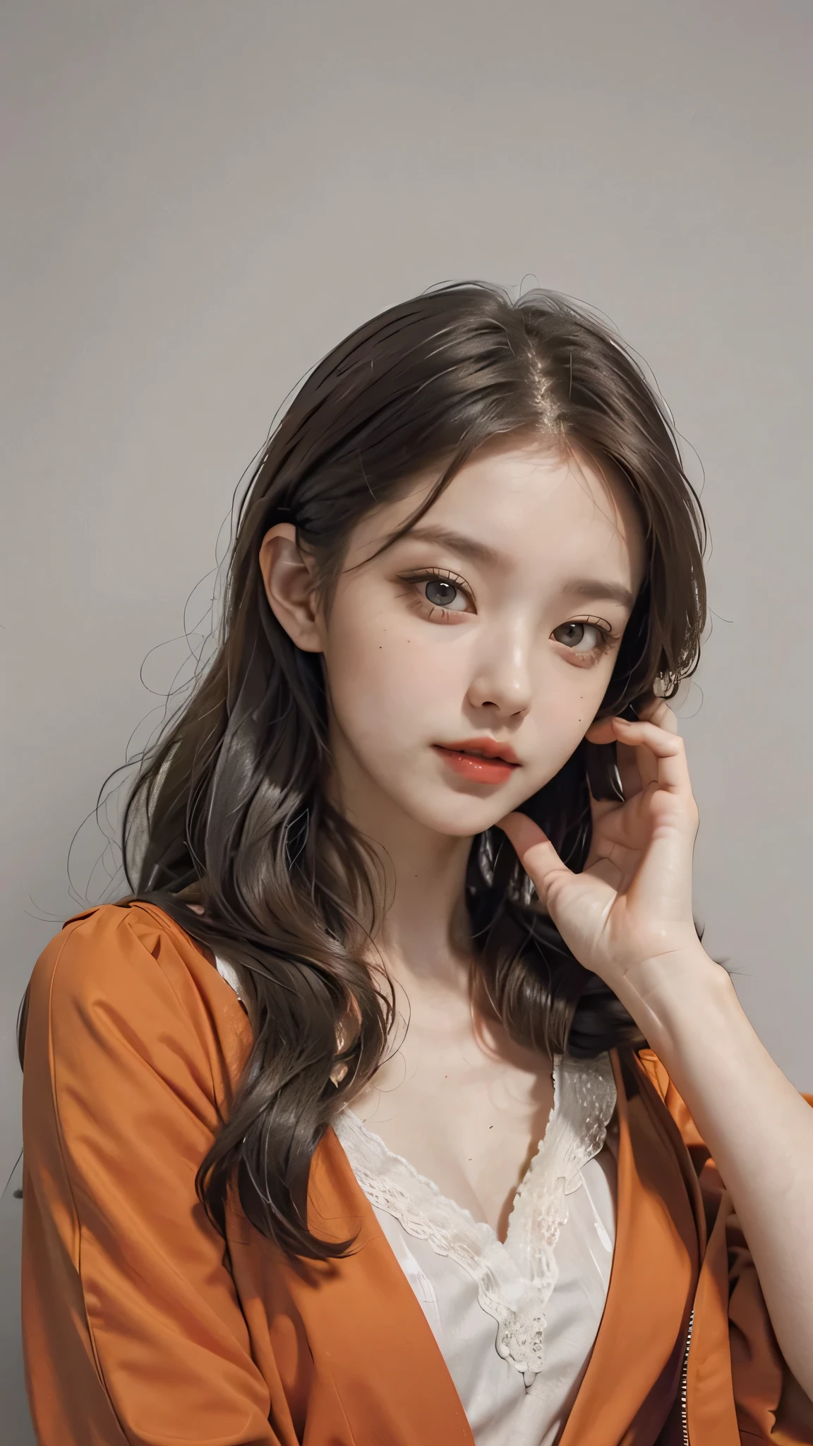Girl wearing, luxury orange coat, shoulder length hair, wavy hair, glowing skin, star in eye, red lips, grey background, cute poses , upper body.