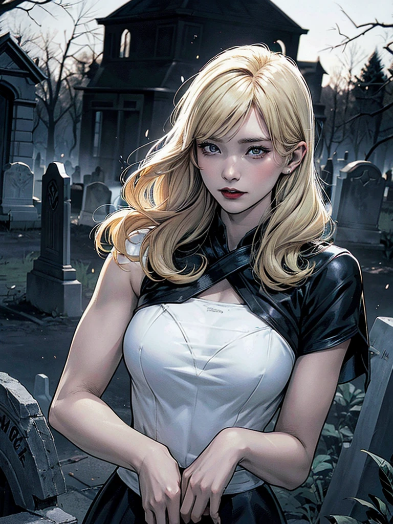 a black and white comic book image of a blonde woman vampire rising from her grave in a cemetery