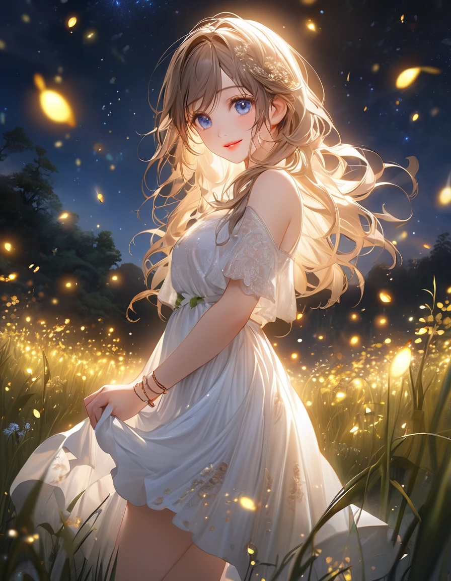 masterpiece:1.2,highest quality, highres, 16k, ultra-realistic:1.37, beautiful detailed, Beautiful girl, Standing in a beautiful posing, gently smile, flowing hair, Night Grassland, fireflies in hands, fireflies on hair, Many fireflies fly around:1.3, Fireflies dancing wildly:1.3, Countless fireflies:1.3, Trails of many fireflies:1.3, beautiful delicate(hair,face,eyes,pupils,white dress,anklet,knee,fireflies), sparkling eyes, shining lips, behind view