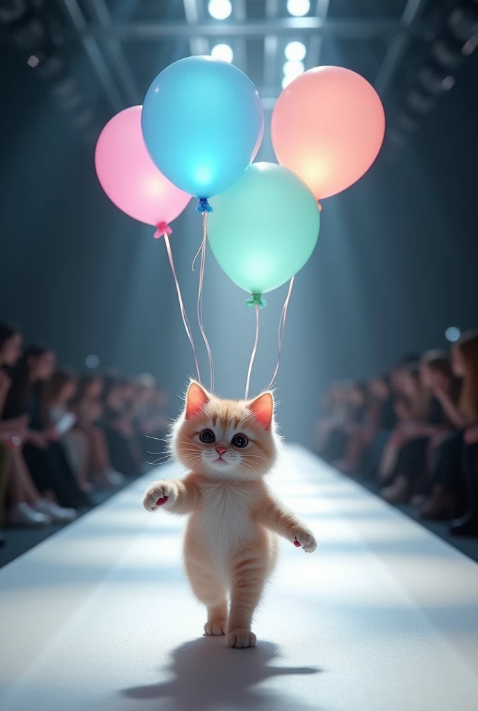 (photorealism:1.2), cute cat wearing glowing ballgywalking on the runway