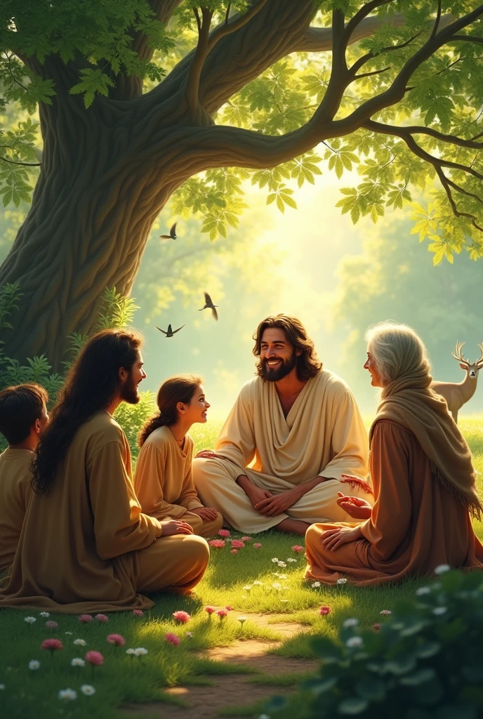 A peaceful, yet joyful moment of Jesus sitting with a group of adults and children under a large oak tree in a lush forest. He is laughing with them, his eyes sparkling with joy. The people around him are engaged, smiling, and some are even leaning on him, showing their deep connection. The sunlight dances through the leaves, casting dappled light on everyone, while animals like birds and deer are peacefully nearby, enhancing the harmony of the scene. The background is filled with vibrant greene