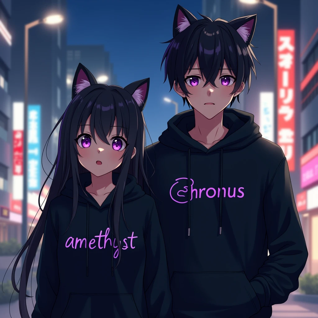 Couple anime wearing black hoodie, with cat ears, with purple text "Amethyst" to the girl
and "Chronus" to the boy, in japan citylights
background, and the girl is black long hair