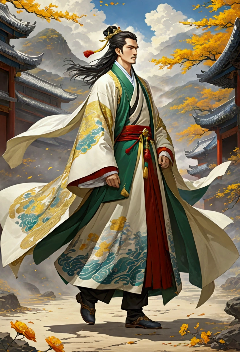 Three Kingdoms Zhuge Liang, Clothes made of a coat, wind, youth, Full body exposed, Looking ahead,