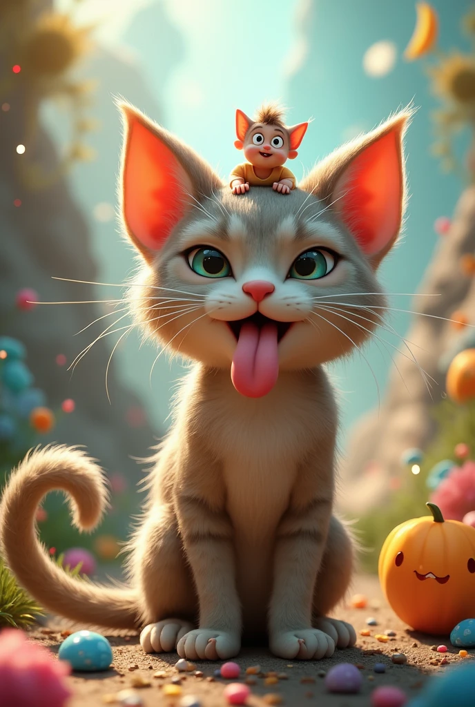 A furry teenager cat with a kid sitting on his tongue