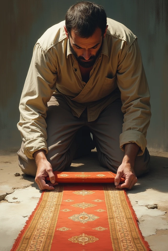 A man is standing and laying a carpet on the ground and half of the carpet is laid, half of it is in his hand, let it be a small carpet and the man's face can be seen. prayer