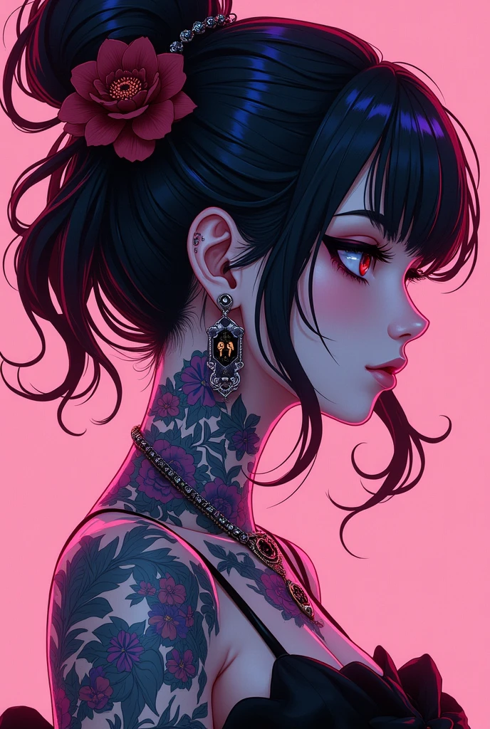 A stunning anime girl with an intricate floral tattoo on her neck, exuding elegance and beauty.,in the style of neon realism, dark pink and light black, gothic art nouveau, anime-inspired character designs, dark white and indigo, bold yet graceful, cyberpunk manga, detailed costumes
