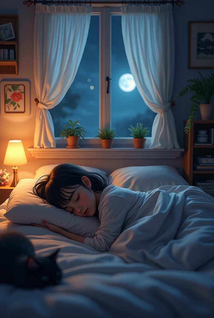 A dimly lit room,with the cute decoration,the window is open and it&#39;s night,there was a girl sleeping there but you could only see her black hair and her bangs,the girl is brown,top view giving a full view of the room,a black cat sleeping next to her,realisitic
