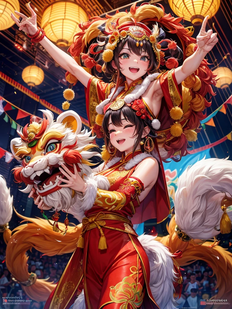 Traditional lion dance celebration with all ethnic in malaysia and celebrate it with the background petronas twin tower