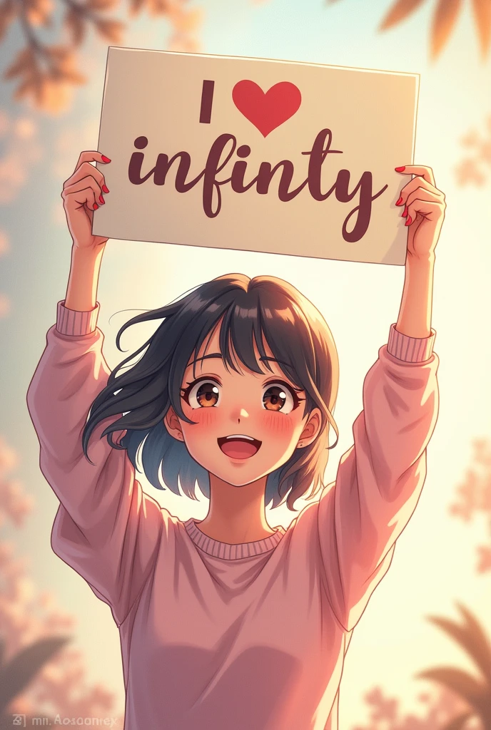 a beautiful and cute woman holding up a sign "i love infinity", joyful, happy, anime illustration, photorealistic, oil painting