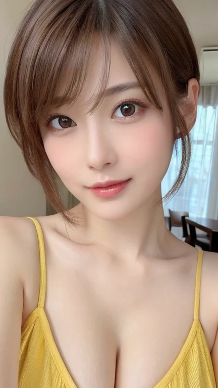 masterpiece、Highest quality、High resolution、Tabletop、wallpaper、Realistic、Bright lighting、Professional Lighting、Face Light、Smooth lighting、Japanese women、Adult、Beautiful woman、action、gravure、sexy、poor、so beautiful、Beautiful Skin、Beautiful and detailed、Detailed face、slim、moderately、short hair、Brunette Hair、Brown eyes、Looking at the camera、have a banana、Big Breasts、Cleavage