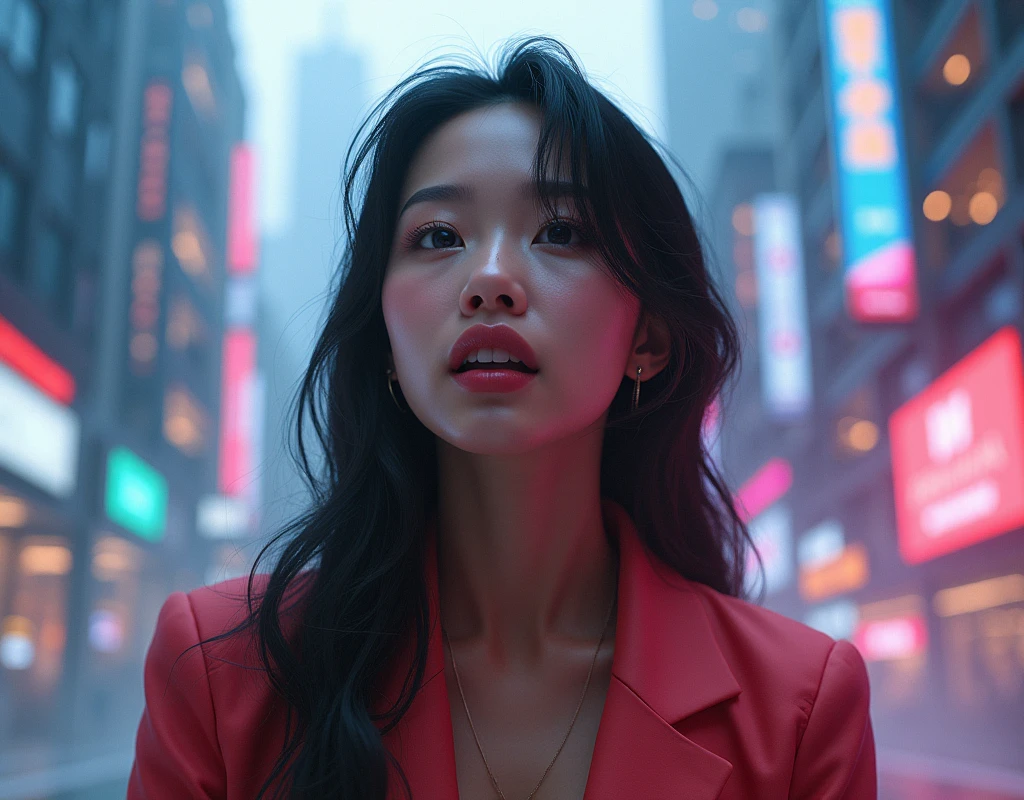 Photo Realistic a happy korean girl age 21 (full body), surprised expression, beautiful detailed eyes, beautiful detailed lips, extremely detailed face, large expressive eyes, long eyelashes, in middle of the city futuristic city, vibrant colors, intricate details, octane render, 8k, highly detailed, photorealistic, dramatic lighting, volumetric fog (1:1)