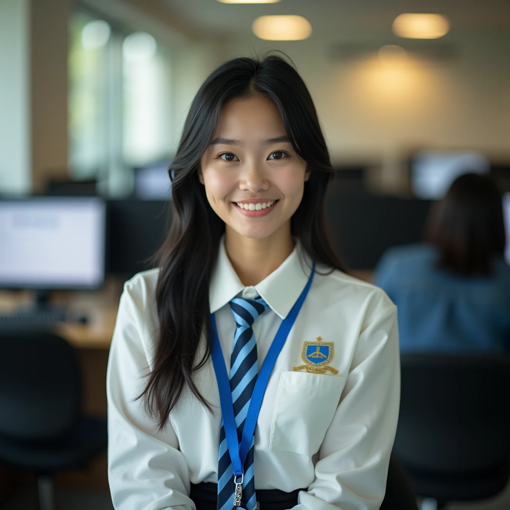 (Masterpiece),(complication:1.3),(Realistic),Portrait of a woman,1,Has a delicate and beautiful Thai face,long black hair,Big eyes,Blue eyes,smiling,be happy,(Wearing a long-sleeved white shirt with a blue and light blue striped tie with the college emblem on the side of the tie.),Wear a short skirt,Wearing a blue student ID lanyard,Look ahead,Passed through her computer,(In a computer room),warm light,Showing some sunlight,Professional photographer in capturing detailed images of young women,Have clarity,dramatic,Awarded globally,Cinematic lighting,(film grain,Blurred background,Blurred background,bokeh,depth of field)