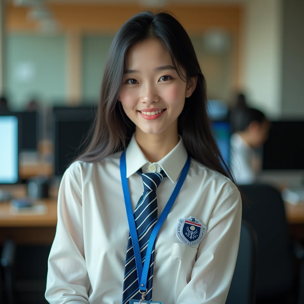 (Masterpiece),(complication:1.3),(Realistic),Portrait of a woman,1,Has a delicate and beautiful Thai face,long black hair,Big eyes,Blue eyes,smiling,be happy,(Wearing a long-sleeved white shirt with a blue and light blue striped tie with the college emblem on the side of the tie.),Wear a short skirt,Wearing a blue student ID lanyard,Look ahead,Passed through her computer,(In a computer room),warm light,Showing some sunlight,Professional photographer in capturing detailed images of young women,Have clarity,dramatic,Awarded globally,Cinematic lighting,(film grain,Blurred background,Blurred background,bokeh,depth of field)