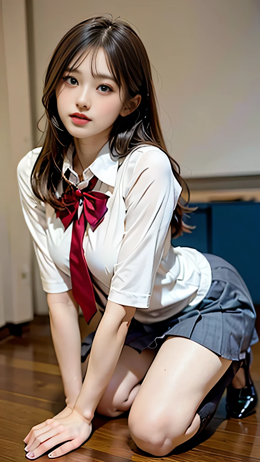 (avert your eyes)、Place your hands on your knees、double eyelid、Perfect Fingers、Perfect Proportions、huge 、Eyelashes、Place your heels on the ground、Beautiful and fine details、Ultra-detailed、High resolution、Transcendental beauty、Highest quality、masterpiece、((Japanese high school girls uniform))、Extremely detailed representation、School classroom、Highly detailed appearance、One girl、Positive、(((Dynamic Pose)))、((Sit with your knees bent))、Sexy upward glance、Low angle、
