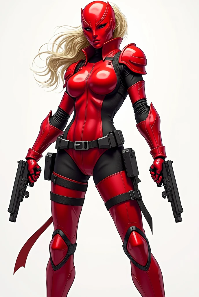 comics, woman, red full-face knight helmet, blonde ponytail, red costume, bodysuit, black straps, black bands, ultility belt, knee pads, red gloves, red boots, hand guns