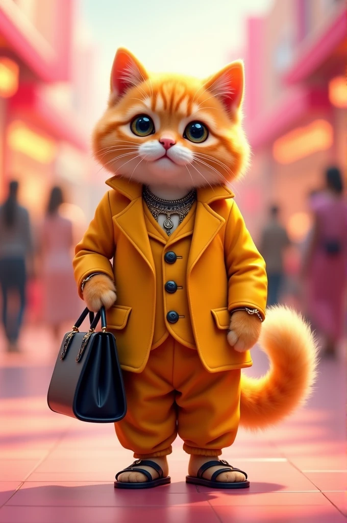 Chhoti si kit real cat golden color ki cat lambi chutiya wali cat yellow color ka suit pahne hue Punjabi lagti Hui cat sandal pahne hue black color ki hath mein pers hai black color ka jewellery hai pink color ki background hai mall ka